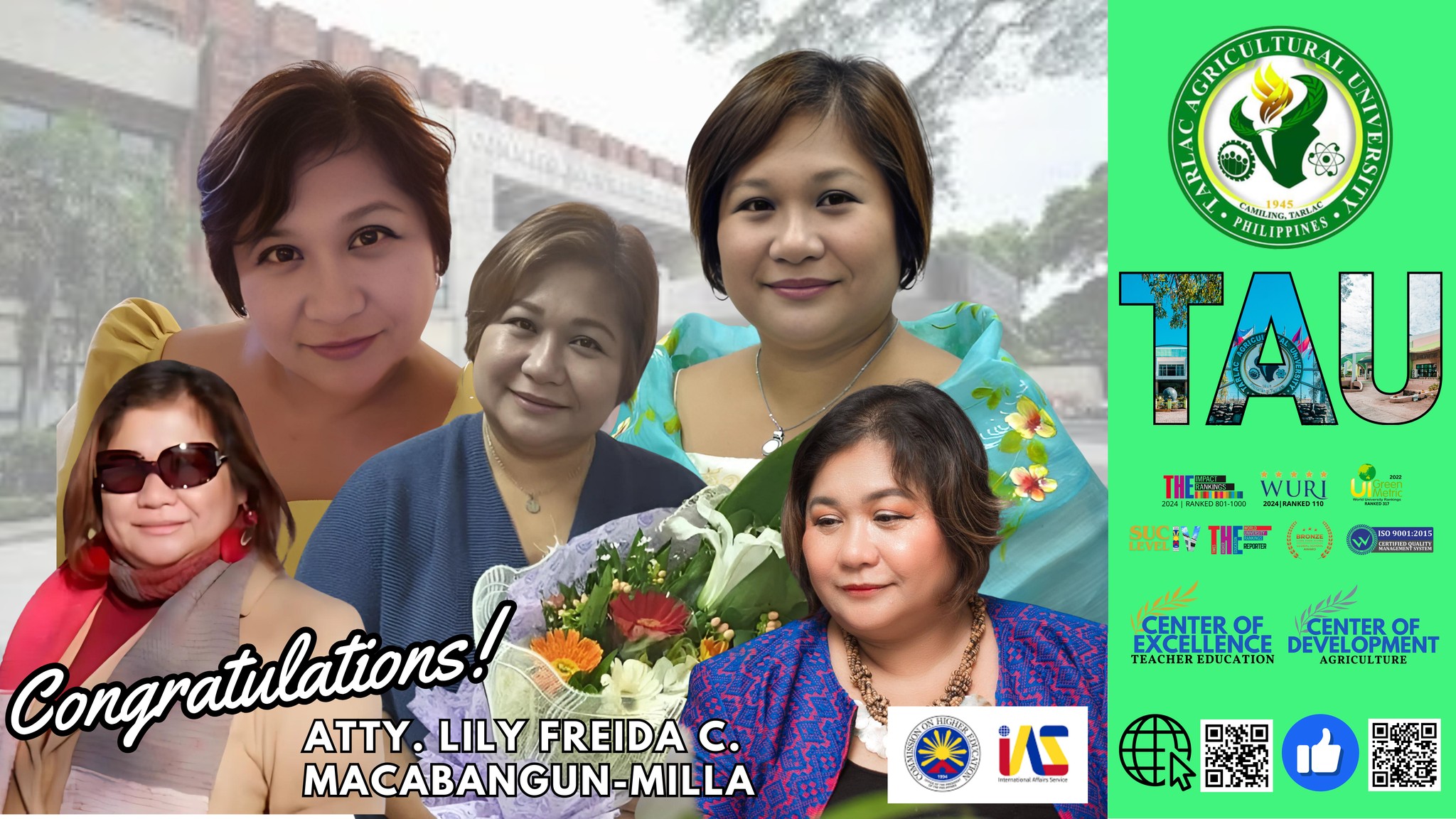 𝐔𝐍𝐈𝐕𝐄𝐑𝐒𝐈𝐓𝐘 𝐁𝐔𝐋𝐋𝐄𝐓𝐈𝐍 | Tarlac Agricultural University community warmly congratulates Atty. Lily Freida C. Macabangun-Milla on her appointment as the Director IV of the Commission on Higher Education (CHED)