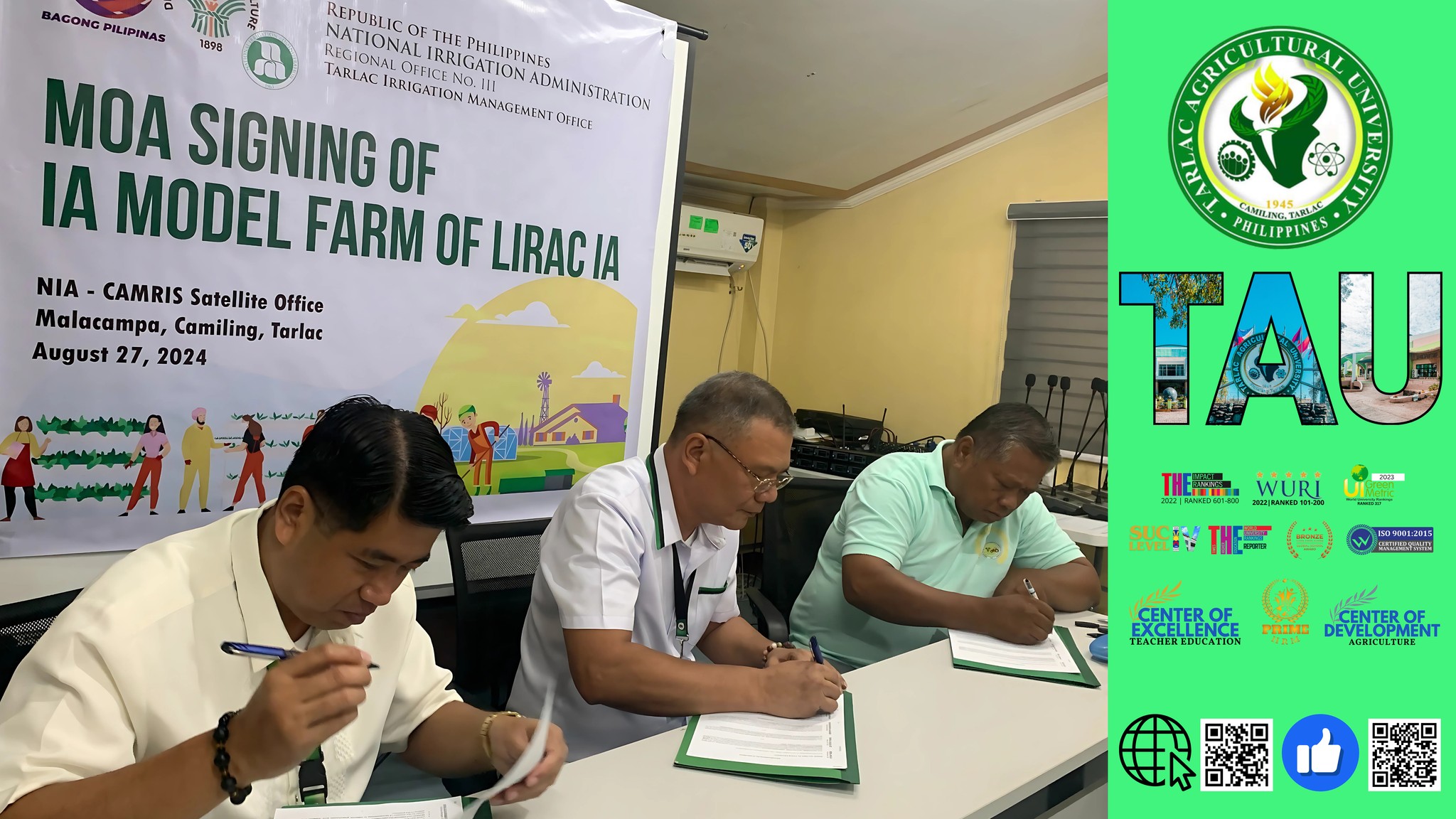 𝐂𝐀𝐏𝐓𝐔𝐑𝐄𝐃 𝐈𝐍 𝐋𝐄𝐍𝐒 | To promote sustainable agriculture, Tarlac Agricultural University (TAU) has entered into a partnership with the National Irrigation Administration (NIA) Tarlac Irrigation Management Office (IMO)