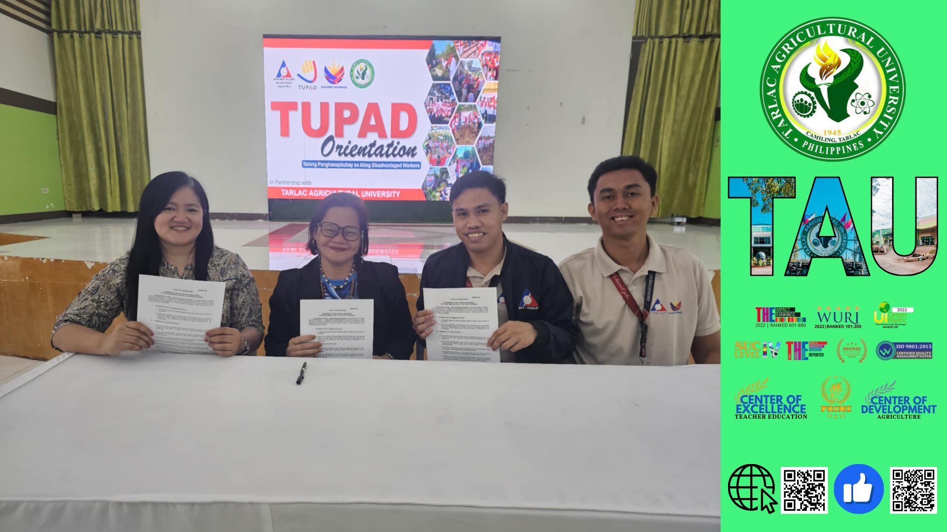 𝐂𝐀𝐏𝐓𝐔𝐑𝐄𝐃 𝐈𝐍 𝐋𝐄𝐍𝐒 | To advance livelihood and employment for disadvantaged workers, the Tarlac Agricultural University (TAU) through the Student Placement Office (SPO) enters into a contract signing with the Department of Labor and Employment