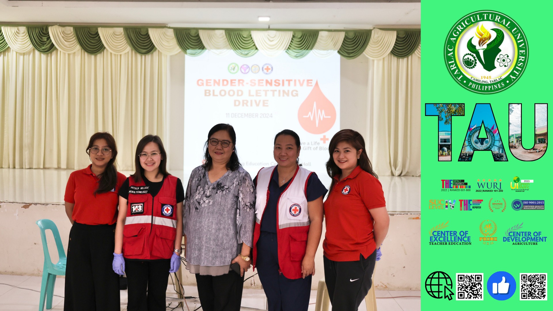 𝐂𝐀𝐏𝐓𝐔𝐑𝐄𝐃 𝐈𝐍 𝐋𝐄𝐍𝐒 | Demonstrating its commitment to community service regardless of one’s gender, the Tarlac Agricultural University (TAU) through its Gender and Development Office (GAD), TAU Multi-Purpose Cooperative (MPC), and the TAU National Service Training Program (NSTP) Office, spearheads a Blood-Letting Drive Program at the Continuing Education Center (CEC) Hall on 12 December