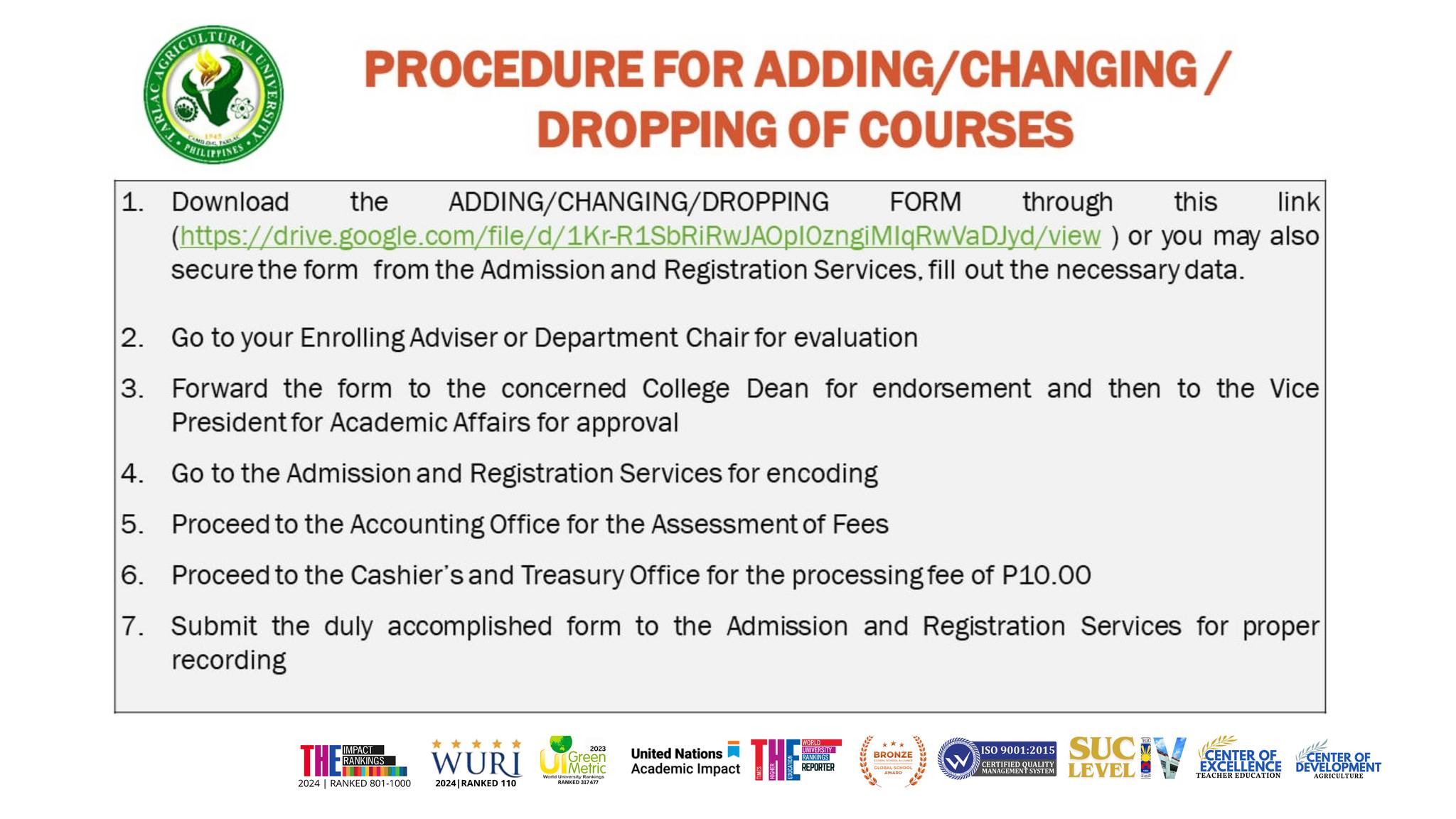 ππππππππππ ππππππππ | Admission and Registration Services (ARS) Schedule for Adding, Changing and dropping of subjects 2