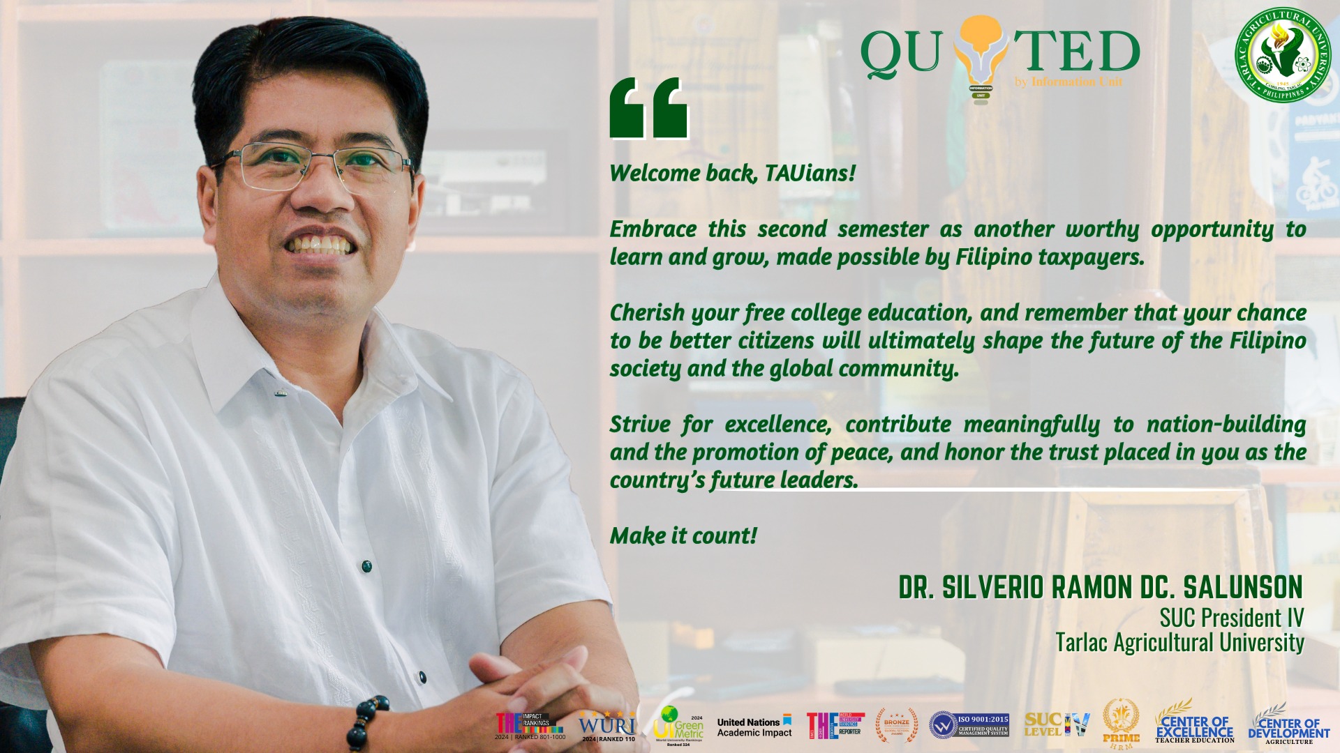 𝐐𝐔𝐎𝐓𝐄𝐃 𝐛𝐲 𝐈𝐧𝐟𝐨𝐫𝐦𝐚𝐭𝐢𝐨𝐧 𝐔𝐧𝐢𝐭 Welcome back Students 2nd Semester AY 2024-2025