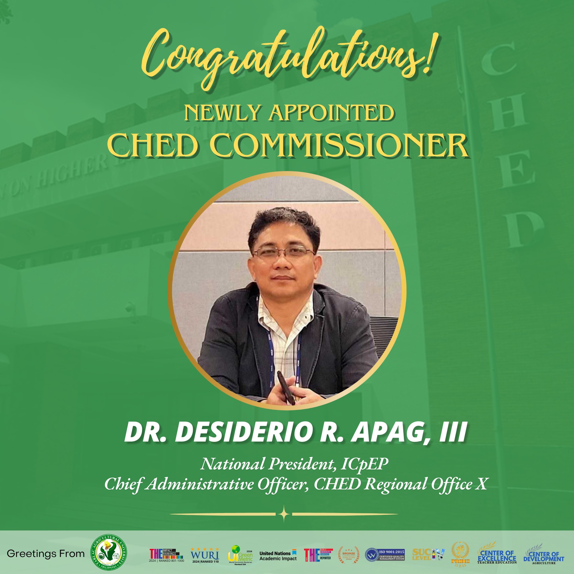 𝐔𝐍𝐈𝐕𝐄𝐑𝐒𝐈𝐓𝐘 𝐁𝐔𝐋𝐋𝐄𝐓𝐈𝐍 | Tarlac Agricultural University Newly Appointed CHED Commissioner